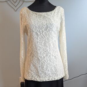 WHBM Long-Sleeve Reversible Ivory Lace Top (S)